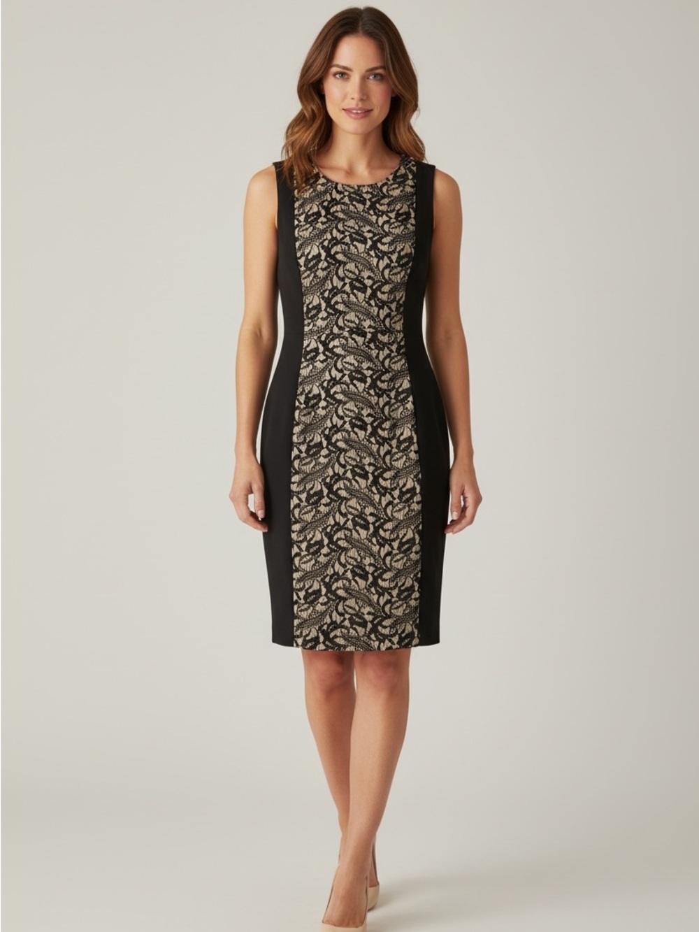 Sleeveless Black and Beige Lace Dress